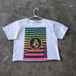 Vintage Volcom Crop Top Shirt Womens L White Cropped T Shirt Graphic Skater Y2K